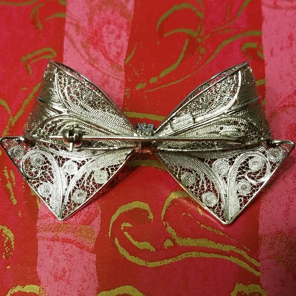 Vintage Silver Filigree Van Lou Bow Pin Brooch - Picture 3 of 5
